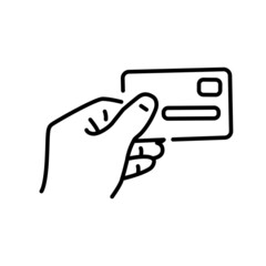 Hand holding a bank card color line icon. Pictogram for web page