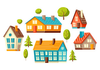 Background with cute houses and trees. Country cottages illustration.