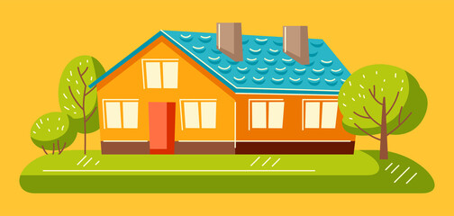 Background with cute house and trees. Country cottage illustration.