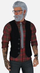 Close-up portrait of Marco, a 3D illustration computer character model render. Marco is an older silver-haired man with a full white beard standing on an isolated white background. 