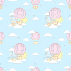 Kids seamless pattern with funny cartoon stylized hot air balloons, flying in the sky, surrounded clouds, birds and suns in soft pastel colors for textile, wallpaper or wrapping paper