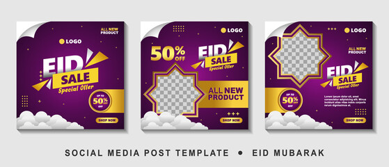 Set Eid Sale Promotion Square Banner Template with photo collage. Suitable for Web Promotion and Social Media Template Post for Advertisement, Event, and etc. Vector Illustration.