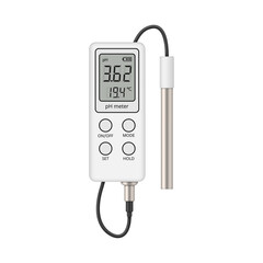 Portable pH tester. Device for measuring the pH level and temperature of liquid. Vector illustration.