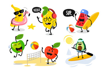 Fun fruits on vacation vector characters. Surfing, volleyball game