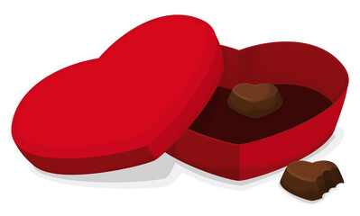 Open heart shaped box with bitten chocolate leftovers, Vector illustration