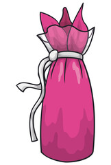 Slender pink pouch sealed with long silver ribbon tie, Vector illustration