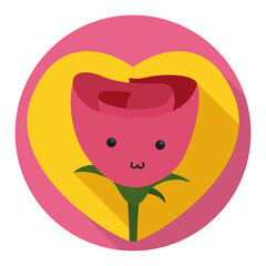 Cute rose inside heart, over round button with long shadow, Vector illustration