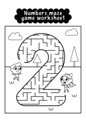 Black and white numbers maze game worksheet for preschool kids. Numbers maze game. Numbers learning exercises.