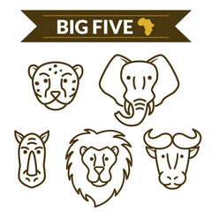 African big five animals set.  Lion, leopard, elephant, rhino, and buffalo. Vector illustration