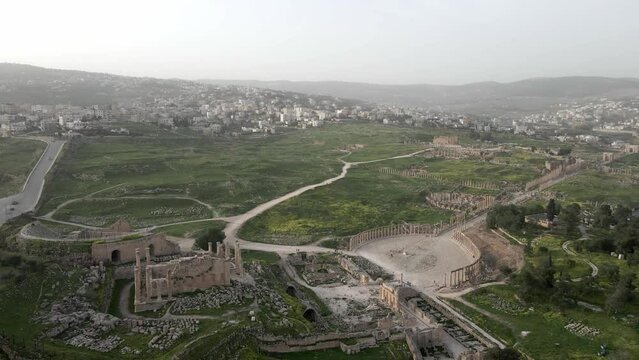 Aerial view over Oval Plaza and Temple of Artem in Jerash ancient Greco-Roman