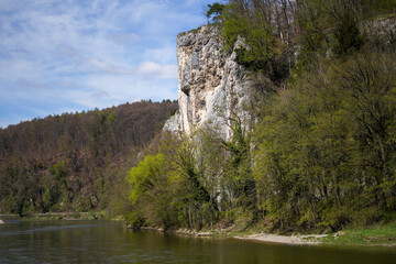 Fototapeta na wymiar Danube breakthrough from Kelheim to Weltenburg monastery with rocks and the current of the Danube