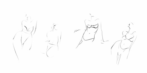 Young women in lingerie. Female slender body, silhouette, sketch. Hand drawn illustration, vector	