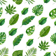 Seamless pattern with watercolor tropical plants on white background.