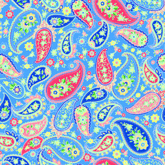 vector seamless graphical hand drawn outlined paisley pattern. Multicolor multidirectional ethnic allover design with small ditsy flowers.