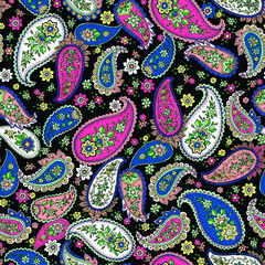 vector seamless graphical hand drawn outlined paisley pattern. Multicolor multidirectional ethnic allover design with small ditsy flowers.