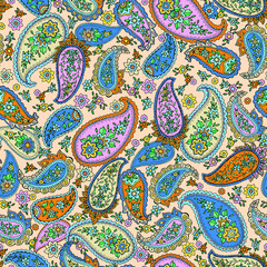 vector seamless graphical hand drawn outlined paisley pattern. Multicolor multidirectional ethnic allover design with small ditsy flowers.