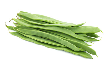 Pile of common pod beans, french bean (Phaseolus vulgaris) isolated on white background, flat pods green beans bunch