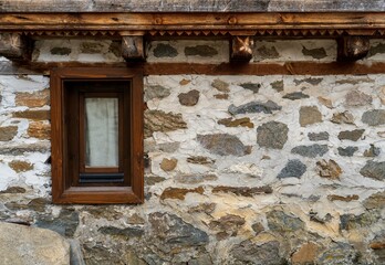 Small wooden window on a stone wall.Wooden beams