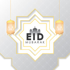 Eid Mubarak Greeting Vector Design. Mosque, Lantern and White Geometric with Gold Line Background Illustration
