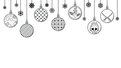 Black Doodle Outline Simple Line Abstract Maerry Christmas Xmas Balls With Snowflakes Holiday Decorations Happy New Year Background Vector Design Style