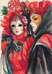 Original watercolor painting of a couple in carnival outfits wearing masks - 499858274
