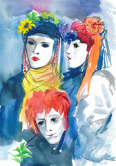 Original watercolor painting of three persons in carnival outfits wearing masks - 499858277