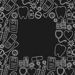 seamless medicine pattern with place for text. Doodle vector with medicine icons on black background. Vintage medicine icons