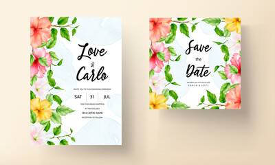 beautiful watercolor hibiscus flower wedding invitation card