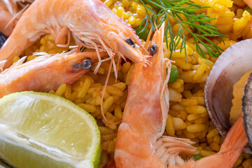 close-up of a paella on a table