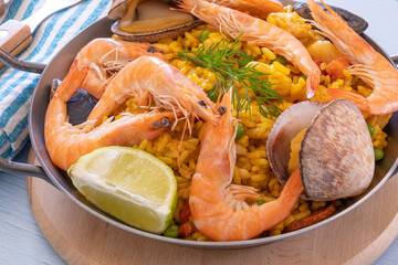 close-up of a paella on a table