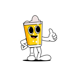 A cartoon glass of beer stands and cheerfully shows a thumbs up. Mug character with beer. Stock vector illustration of alcoholic drinks. Isolated white background.