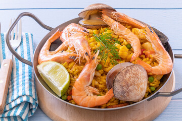 top view of a paella in a dish on a table