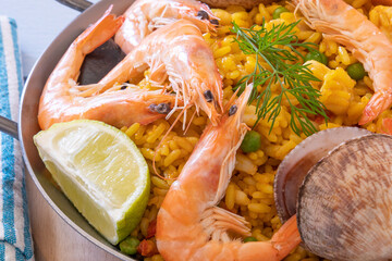 close-up of a paella on a table