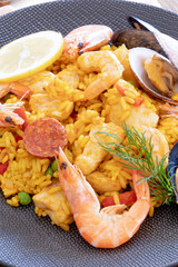 close-up of a paella on a table