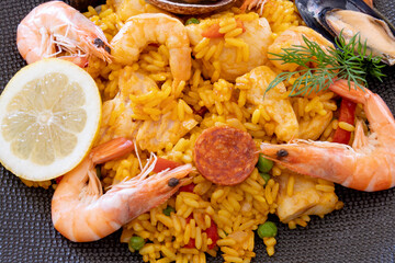 close-up of a paella on a table