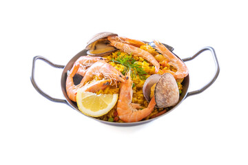 paella in a dish isolated on a white background
