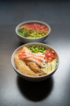 Raw Shrimp Poke, Edamame, Tomato And Rice In Bowl, Japanese Cuisine