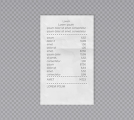 Receipt roll cash payment. Bills invoice for cash or credit card transaction. Isolated receipt template.