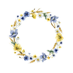 Watercolor floral wreath with summer  wildflowers. Greeting  template for you design. Romantic watercolor illustration.