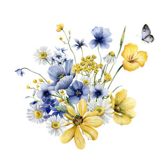 Watercolor bouquet of summer wildflowers and spikelets. Illustration for printing or your design is isolated on a white background. Support and peace for Ukraine.