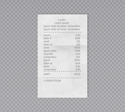 Receipt roll cash payment. Bills invoice for cash or credit card transaction. Isolated receipt template.