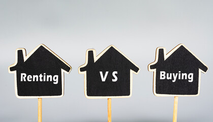Renting vs buying text on wooden house. Property investment concept.