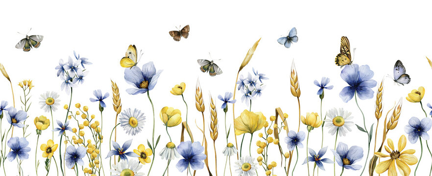 Watercolor seamless pattern with wildflowers and butterfliese. Repeating background with elements of watercolor flowers for wrapping paper or textiles.