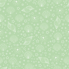 summer background with contour seashells lotus flowers stars and bubbles on colored background vector seamless pattern