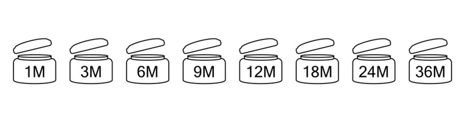 Open jar icon for labeling cosmetics. Set of linear black illustrations indicating the date of use for product.