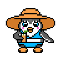 Penguin girl in a bikini and sun hat drinking juice on a summer beach vacation, cute pixel art animal character isolated on white background. Retro 80s, 90s 8 bit slot machine, video game graphics.
