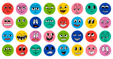 Naklejka premium Set of cartoon comic funny faces in retro style with different expressions of emotions. Abstract round icons of heads of emotional characters. Emoji people animation in 50s 60s style. vector