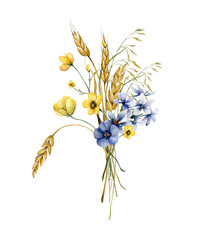 Watercolor bouquet of summer wildflowers and spikelets. Illustration for printing or your design is isolated on a white background. Support and peace for Ukraine.