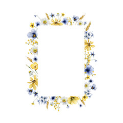 Watercolor floral frame with summer  wildflowers. Greeting  template for you design. Romantic watercolor illustration.