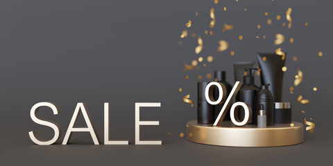 Cosmetic products with golden discount sign, text SALE and falling confetti on grey background. Copy space. Special offer, good price, deal, shopping. Black friday. Beauty and make-up. 3d rendering.